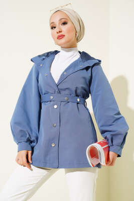 Kapşonlu Çıt Çıt Kısa Trenç İndigo - Thumbnail