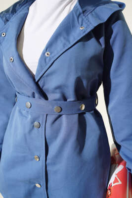 Kapşonlu Çıt Çıt Kısa Trenç İndigo - Thumbnail