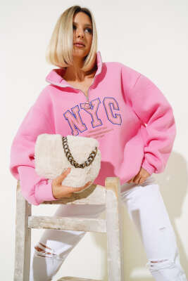 Nyc Basklı Şardonlu Sweatshirt Pembe - Thumbnail