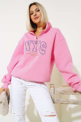 Nyc Basklı Şardonlu Sweatshirt Pembe - Thumbnail