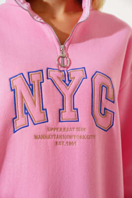 Nyc Basklı Şardonlu Sweatshirt Pembe - Thumbnail