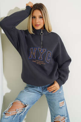 Nyc Basklı Şardonlu Sweatshirt Antrasit - Thumbnail