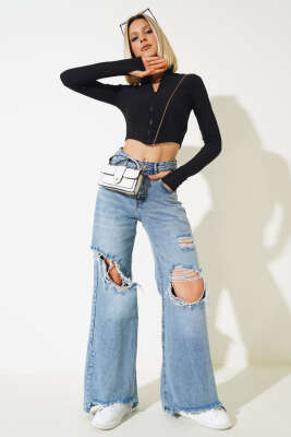 El Detaylı Fermuarlı Crop Siyah - Thumbnail