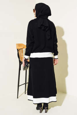 Zikzaklı Gömlek Yaka Etekli Triko Takım Siyah - Thumbnail