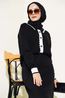 Zikzaklı Gömlek Yaka Etekli Triko Takım Siyah - Thumbnail