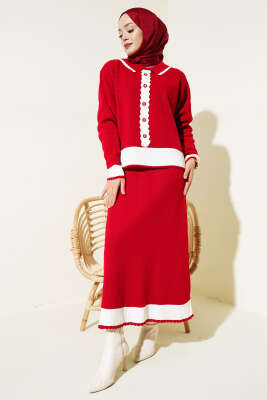 Zikzaklı Gömlek Yaka Etekli Triko Takım Kırmızı - Thumbnail