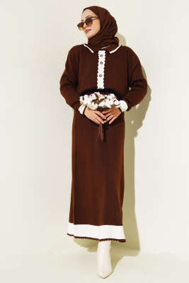 Zikzaklı Gömlek Yaka Etekli Triko Takım Kahve - Thumbnail