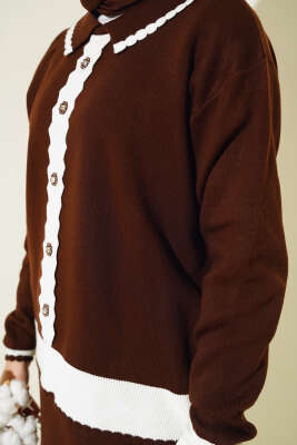 Zikzaklı Gömlek Yaka Etekli Triko Takım Kahve - Thumbnail