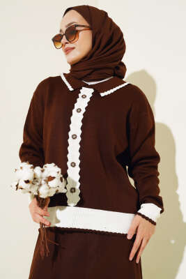 Zikzaklı Gömlek Yaka Etekli Triko Takım Kahve - Thumbnail