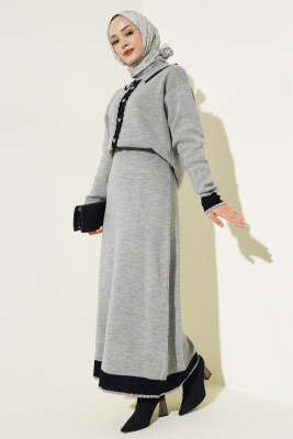 Zikzaklı Gömlek Yaka Etekli Triko Takım Gri - Thumbnail