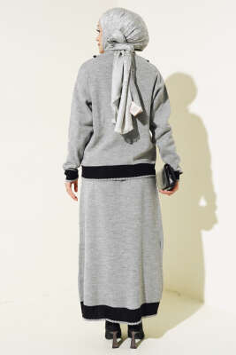 Zikzaklı Gömlek Yaka Etekli Triko Takım Gri - Thumbnail