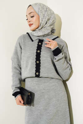 Zikzaklı Gömlek Yaka Etekli Triko Takım Gri - Thumbnail