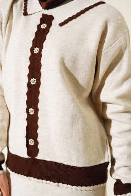 Zikzaklı Gömlek Yaka Etekli Triko Takım Bej - Thumbnail