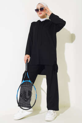 Pazarium - Yanı Bağlamalı Kapüşonlu İkili Takım Siyah