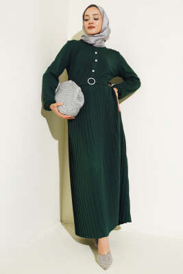 Pileli Düğme Detaylı Örme Triko Elbise Zümrüt - Thumbnail