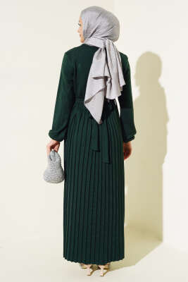 Pileli Düğme Detaylı Örme Triko Elbise Zümrüt - Thumbnail