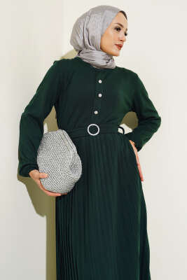 Pileli Düğme Detaylı Örme Triko Elbise Zümrüt - Thumbnail