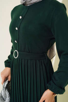 Pileli Düğme Detaylı Örme Triko Elbise Zümrüt - Thumbnail