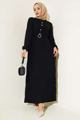 Pileli Düğme Detaylı Örme Triko Elbise Siyah - Thumbnail