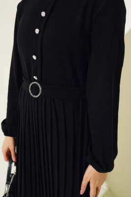 Pileli Düğme Detaylı Örme Triko Elbise Siyah - Thumbnail