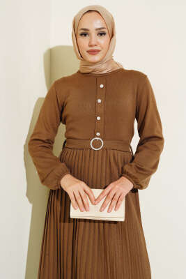 Pileli Düğme Detaylı Örme Triko Elbise Latte - Thumbnail