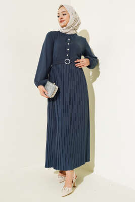 Pileli Düğme Detaylı Örme Triko Elbise İndigo - Thumbnail