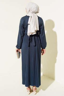 Pileli Düğme Detaylı Örme Triko Elbise İndigo - Thumbnail