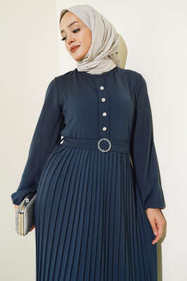 Pileli Düğme Detaylı Örme Triko Elbise İndigo - Thumbnail