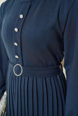 Pileli Düğme Detaylı Örme Triko Elbise İndigo - Thumbnail