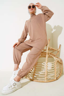 Loyşa Yarım Fermuarlı İkili Takım Latte - Thumbnail