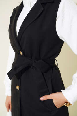 Kuşaklı Sıfır Kol Trençkot Siyah - Thumbnail