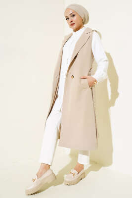 Kuşaklı Sıfır Kol Trençkot Bej - Thumbnail