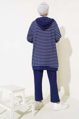 Çizgili Kapüşonlu Hırka Takım Lacivert - Thumbnail