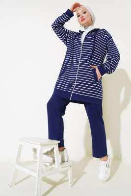 Çizgili Kapüşonlu Hırka Takım Lacivert - Thumbnail