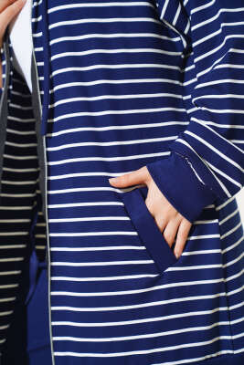 Çizgili Kapüşonlu Hırka Takım Lacivert - Thumbnail