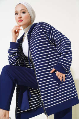 Çizgili Kapüşonlu Hırka Takım Lacivert - Thumbnail