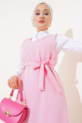 Katlı Jile Elbise Pembe - Thumbnail