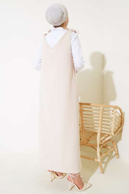 V Yaka Omuz Bağcıklı Jile Elbise Bej - Thumbnail