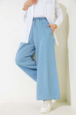Bel Lastikli Geniş Paça Kot Pantolon Açık Mavi - Thumbnail
