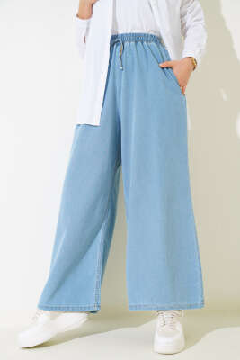 Bel Lastikli Geniş Paça Kot Pantolon Açık Mavi - Thumbnail