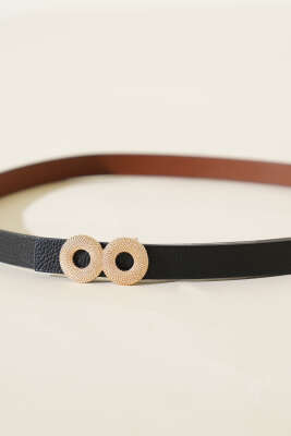 Yuvarlak Tokalı İnce Kemer Siyah - Thumbnail