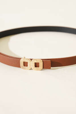 İkili Kare Tokalı İnce Kemer Taba - Thumbnail