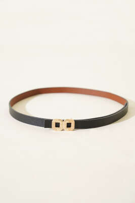 İkili Kare Tokalı İnce Kemer Siyah - Thumbnail