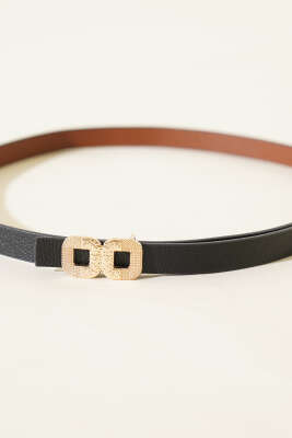 İkili Kare Tokalı İnce Kemer Siyah - Thumbnail