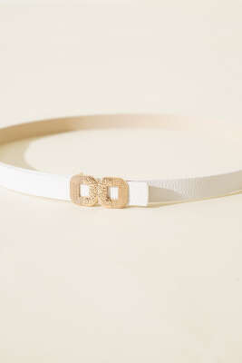 İkili Kare Tokalı İnce Kemer Beyaz - Thumbnail