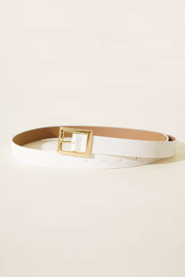 Pazarium - Metal Kare Tokalı Kemer Beyaz