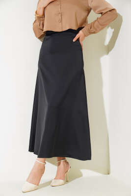 Bel Fermuarlı Saten Etek Siyah - Thumbnail