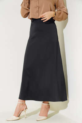 Bel Fermuarlı Saten Etek Siyah - Thumbnail