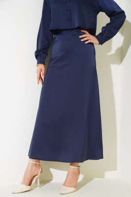 Bel Fermuarlı Saten Etek Lacivert - Thumbnail