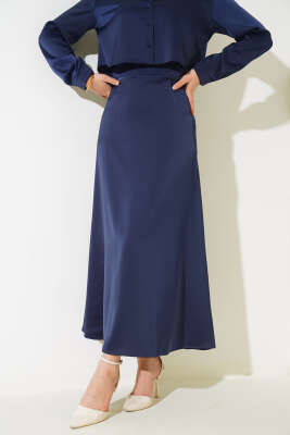 Bel Fermuarlı Saten Etek Lacivert - Thumbnail